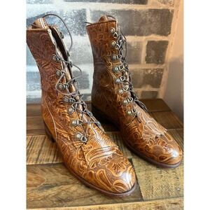 Justin Western Boots Womens Tan Tooled Leather Lace Up Cowboy Ankle Boots 7B